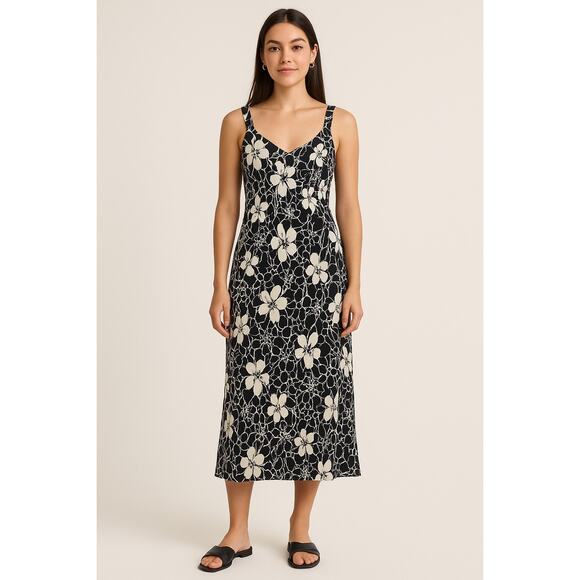 Vintage Y2K Ann Taylor Silk Floral Slip Midi Dress V Neck Black Size 10 - Picture 1 of 9
